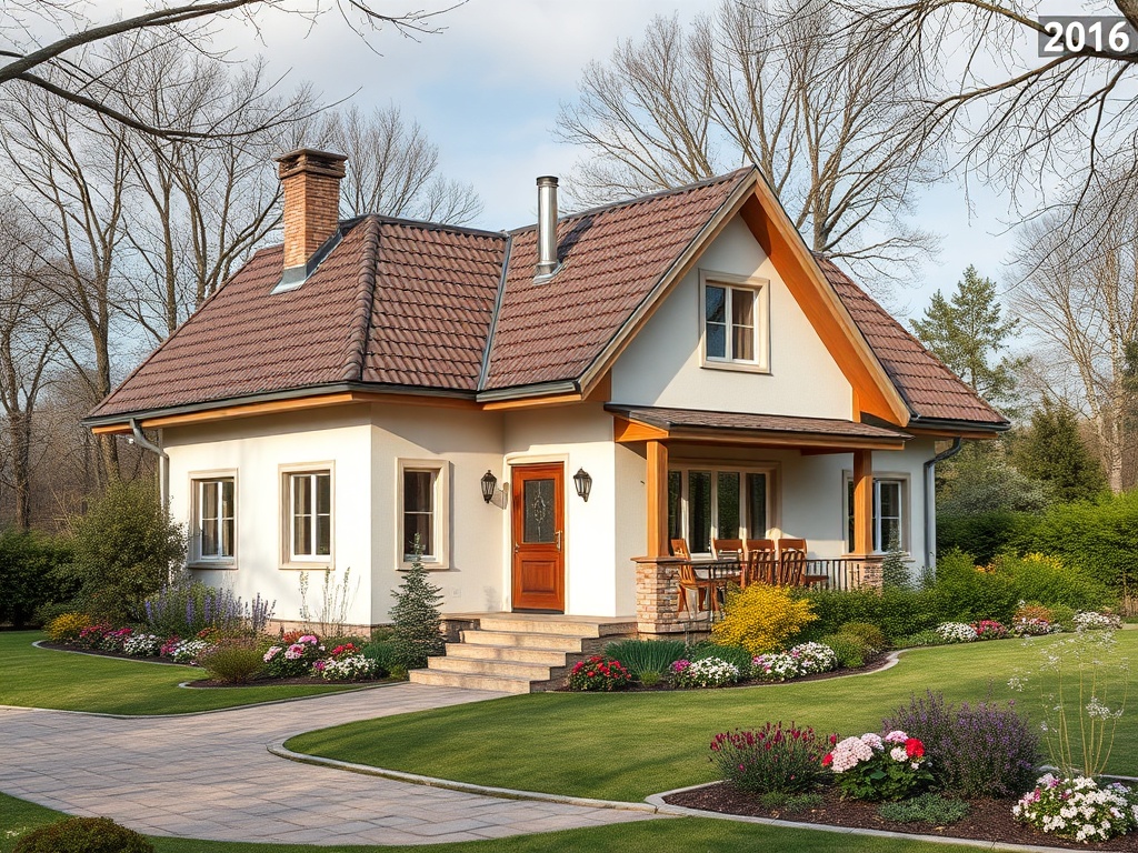 Современный загородный дом с ухоженным садом и красивым ландшафтом, построенный в 2016 году.