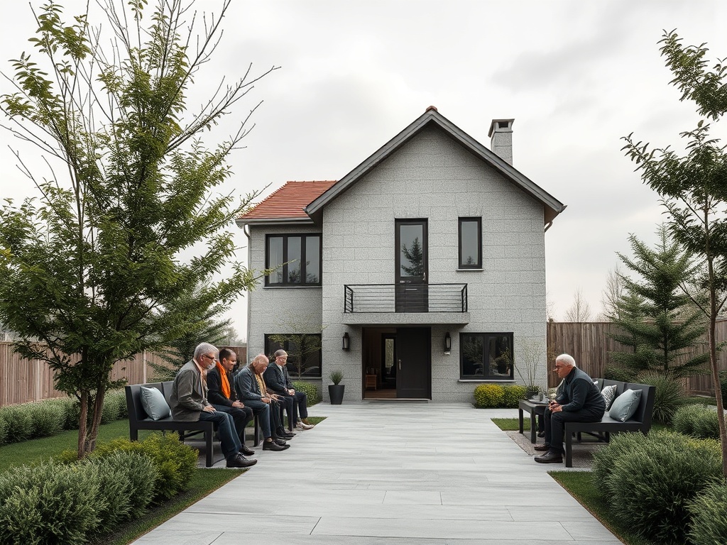 На заднем дворе современного дома группа мужчин сидит на скамейках среди зеленых растений.