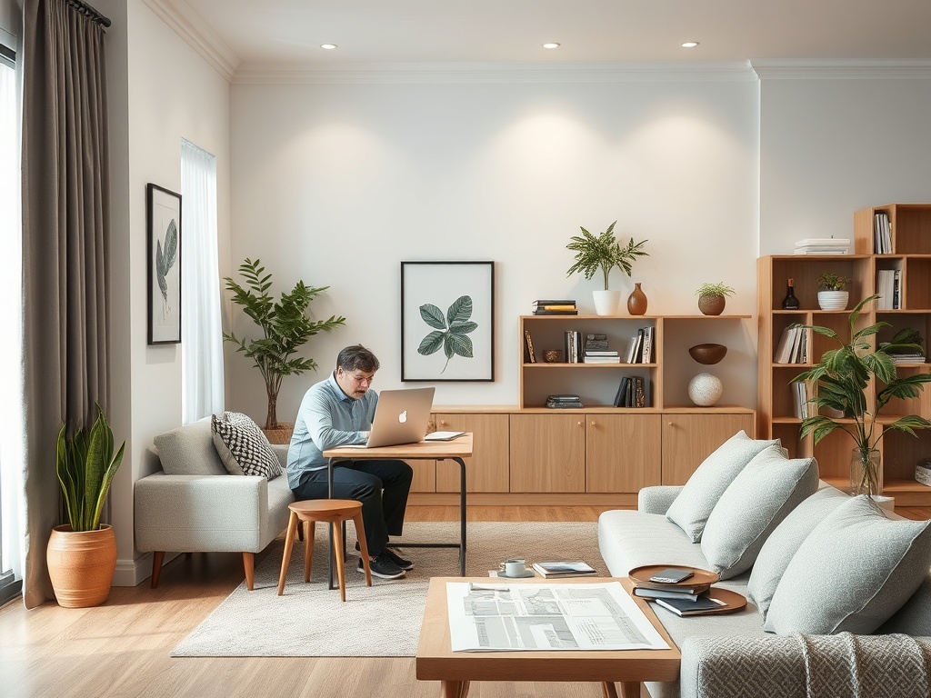 Мужчина работает за компьютером в стильной и уютной комнате с растениями и деревянной мебелью.