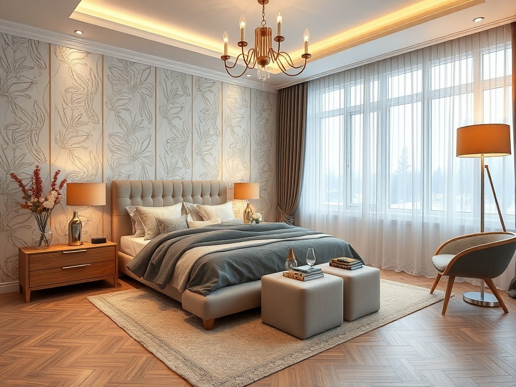 Современная спальня с удобной кроватью, светлыми шторами и стильной мебелью, создающая атмосферу уюта.