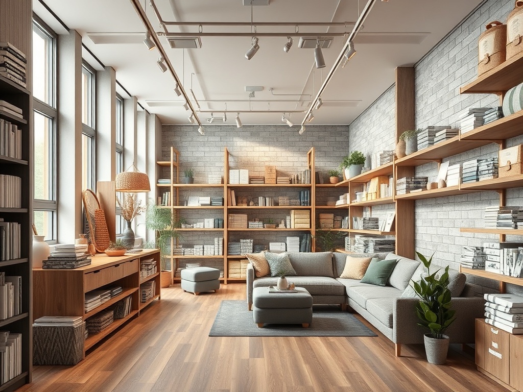 Светлая современная гостиная с книжными полками, диваном и большим окном, наполненная растениями и уютом.