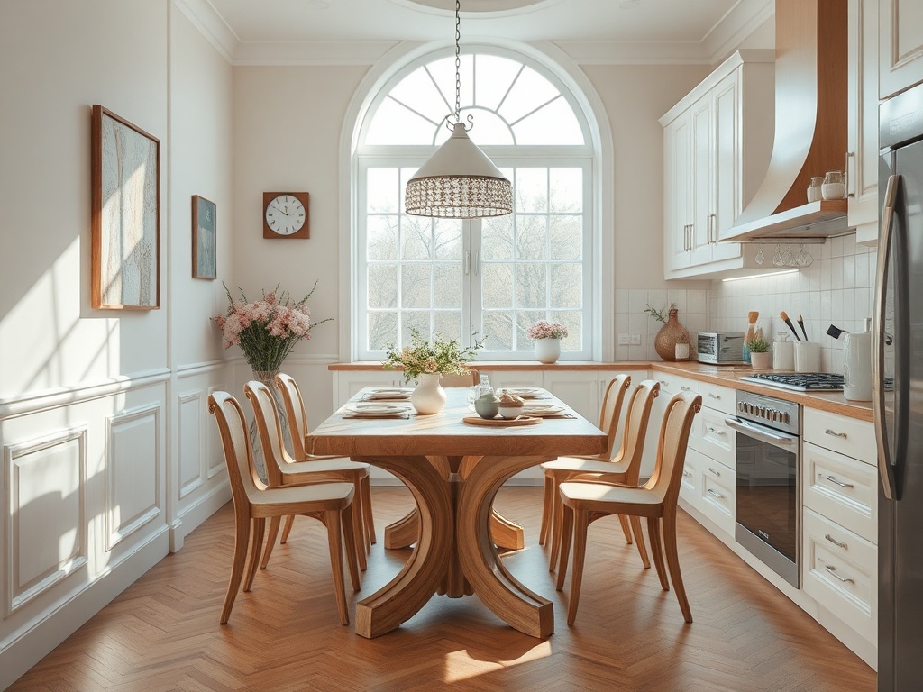 Современная кухня с деревянным столом, стульями и большим окном, наполненная естественным светом.