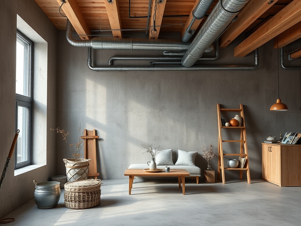 Современный интерьер с деревянной мебелью, серой стеной и окнами, пропускающими естественный свет.