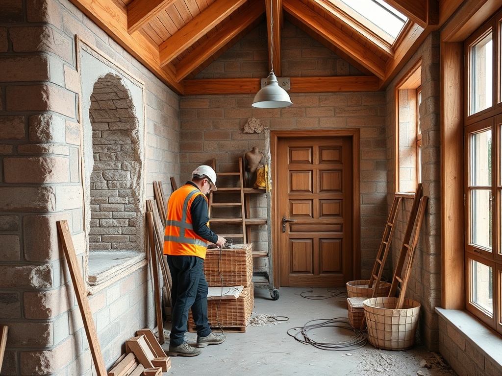 Рабочий в защитном жилете, работающий в незавершенном помещении с деревянными деталями и стройматериалами.
