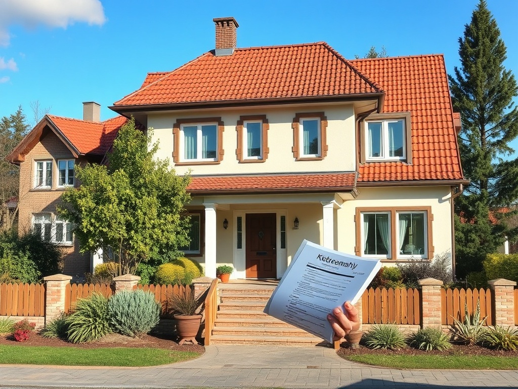 На изображении дом с красной крышей и человеком, держащим документ о аренде у входной двери.