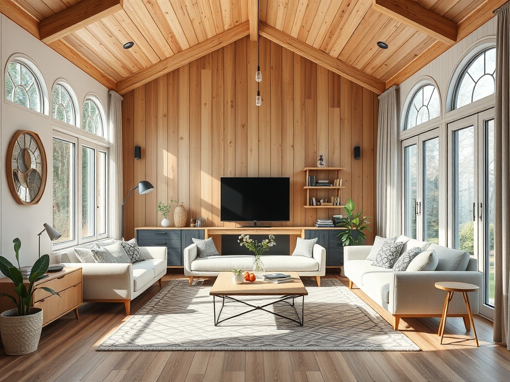 Современный уютный интерьер гостиной с деревянной отделкой, светлыми диванами и большими окнами.