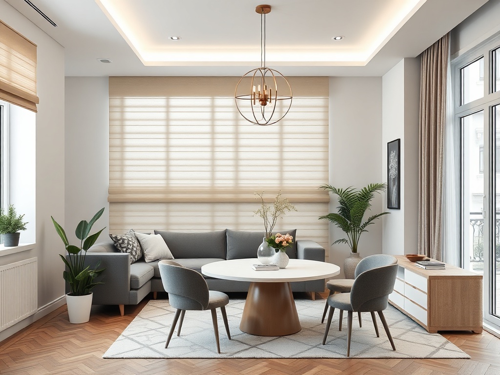 Современный интерьер с серым диваном, круглым столом и растениями в уютной гостиной. Светлые оттенки и стильный декор.