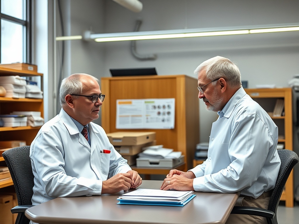 Врач и пациент беседуют за столом, обсуждая медицинские вопросы в уютном офисе. На заднем плане - книги и документы.