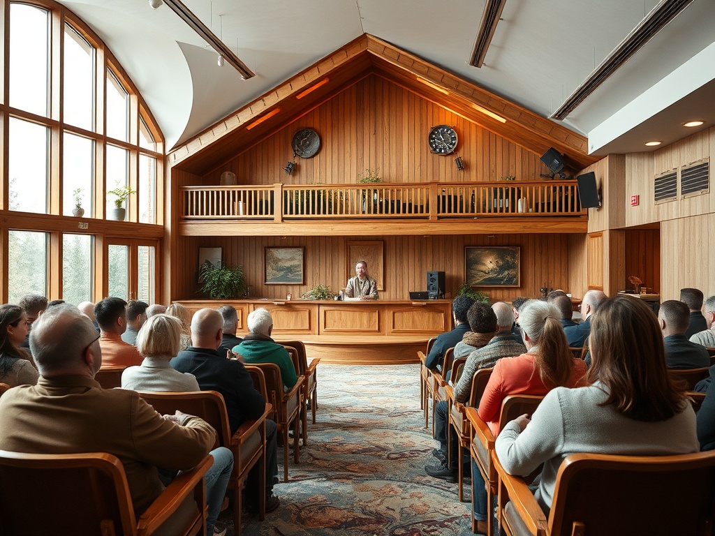 В зале собраний люди слушают выступление ораторa на фоне деревянной отделки и большого окна.