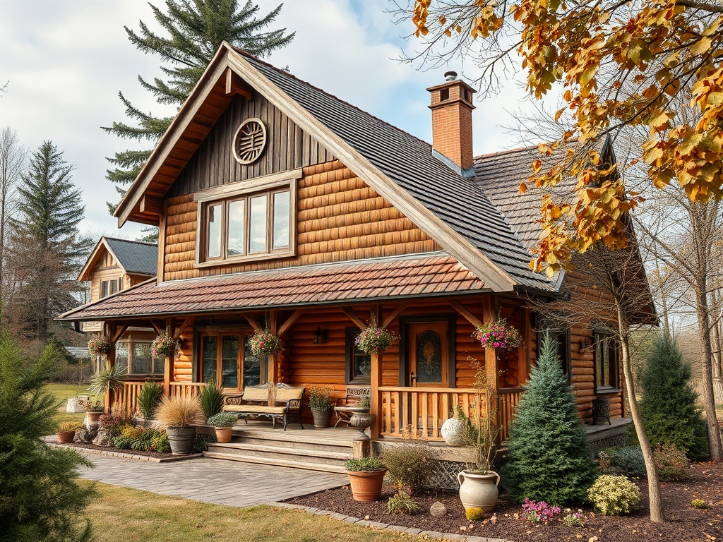 Красивый деревянный дом с террасой, украшенный цветами, окружённый зеленью и деревьями.