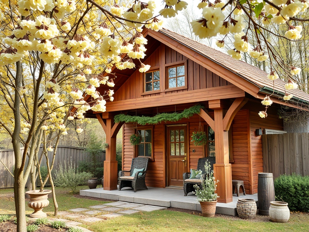 Комфортный деревянный дом с цветущими деревьями и уютным крыльцом, окруженный зеленью и цветами.