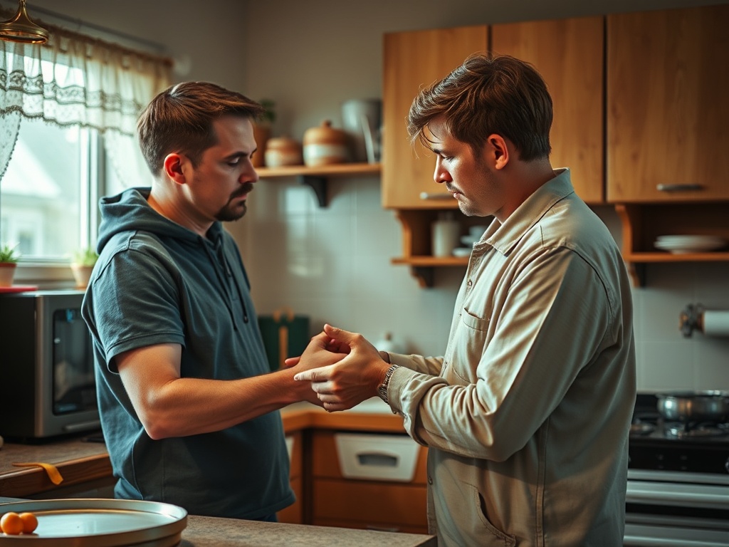 Два человека в кухне стоят лицом друг к другу, обсуждая что-то важное, держась за руки.