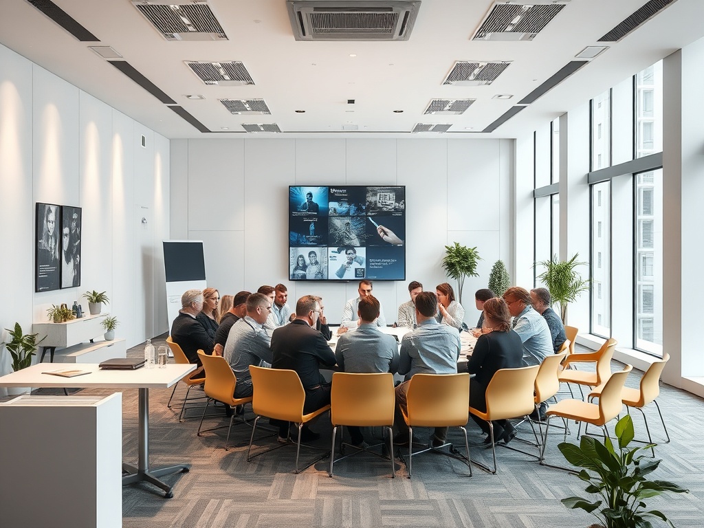 Группа людей обсуждает вопросы за круглым столом в современном конференц-зале с большими окнами.