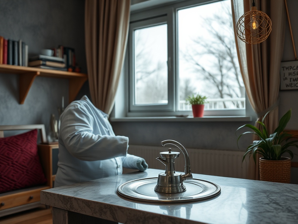 В просторной квартире человек в белом халате работает на кухне у окна с растениями. Светлая и уютная обстановка.