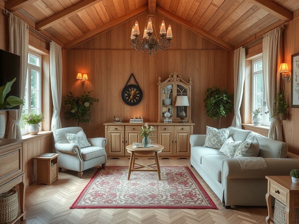 Уютная гостиная с деревянными стенами, мягкой мебелью и красивыми растениями в вазах на окнах.