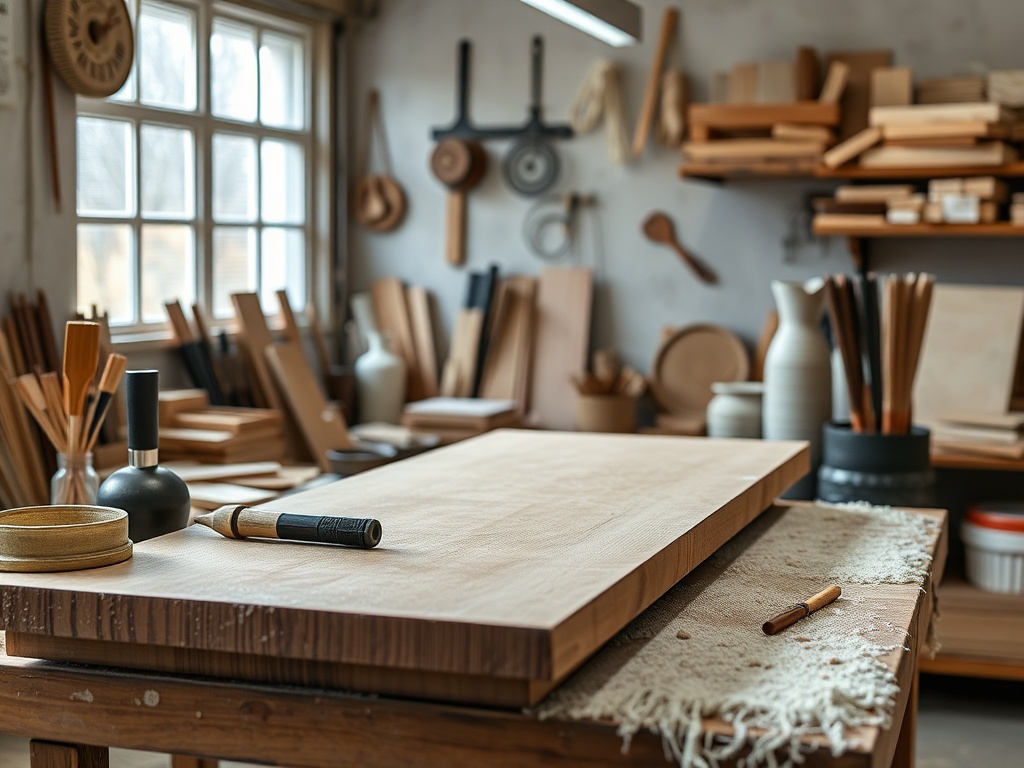 Мастерская с деревянным столом, инструментами и предметами для работы с деревом на фоне. Спокойная атмосфера.