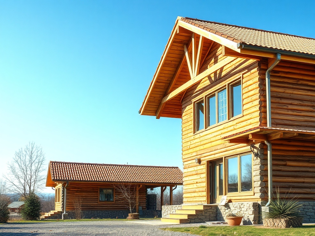 Два деревянных дома на фоне ясного голубого неба, окруженные природой и растениями.