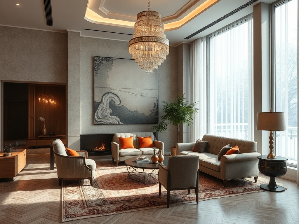 Современная гостиная с элегантной мебелью, теплым освещением и картиной на стене.