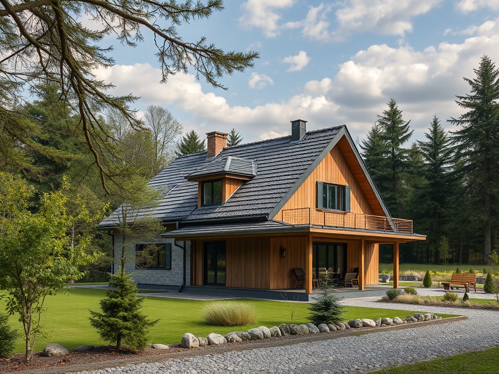 Современный загородный дом с деревянным фасадом и открытой верандой, окружённый зеленью.