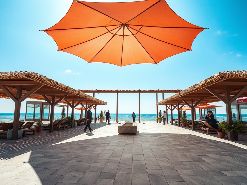 На пляже с оранжевым зонтом люди прогуливаются среди беседок и смотрят на море. Яркое солнечное небо.