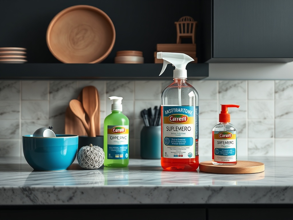 На кухонной столешнице расположены чистящие средства и аксессуары для приготовления пищи.