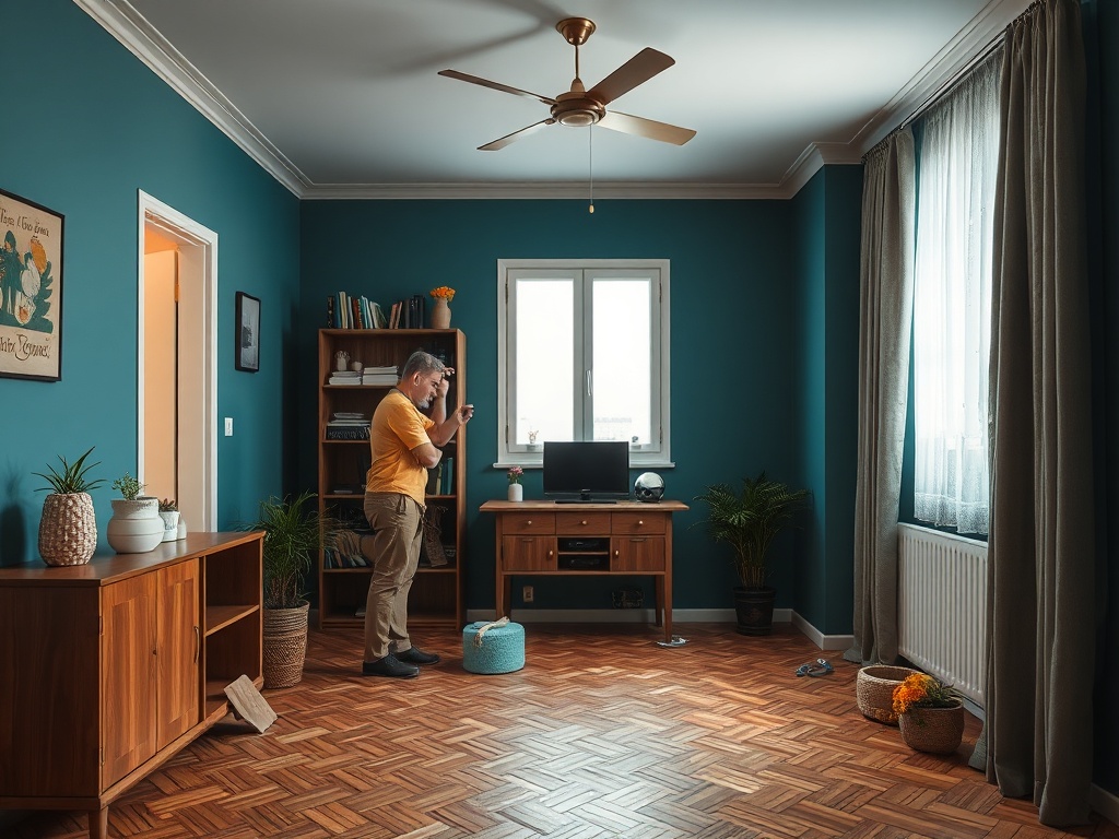 Человек в желтой футболке стоит в современном интерьере комнаты с зелеными стенами и деревянным полом.