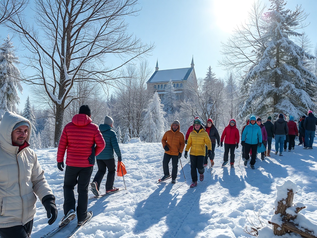 Группа людей гуляет по снежному лесу, наслаждаясь морозным днем и солнечным светом. Деревья в снегу.