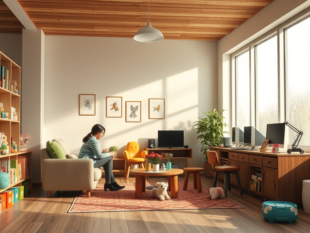 В уютной комнате женщина сидит на диване, увлеченная чтением. Яркие растения и украшения создают комфортную атмосферу.