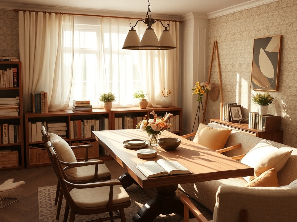 Светлая гостиная с деревянным столом, уютными креслами и полками, полными книг и цветами на столе.