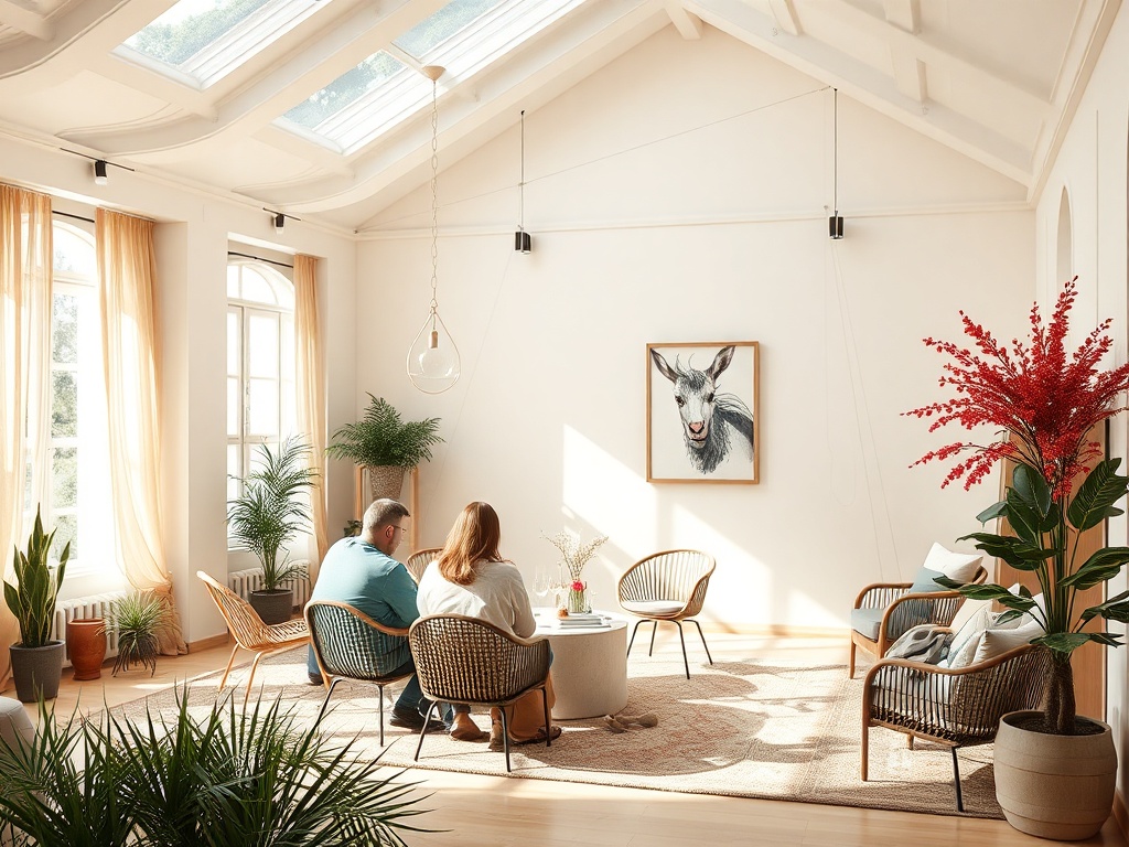 Светлая комната с растениями, мягкой мебелью и картиной с изображением козы на стене. Два человека разговаривают.