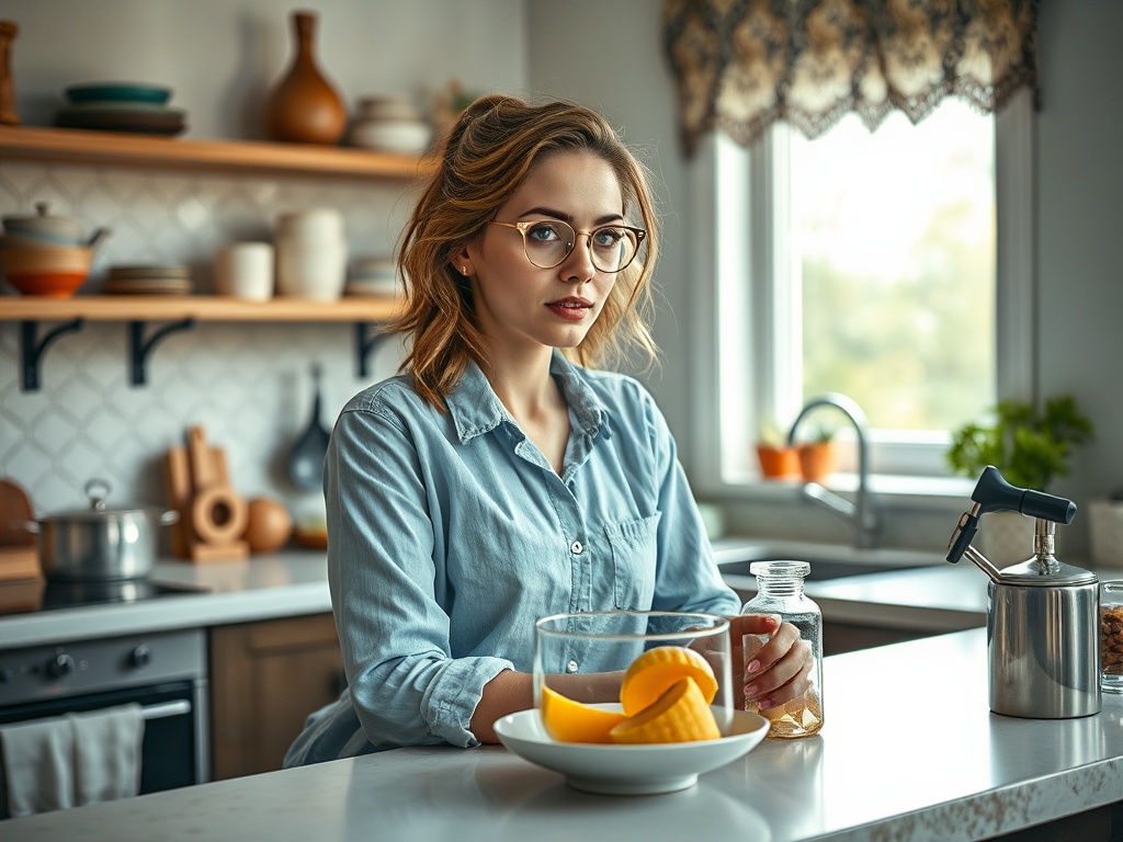 Молодая женщина в голубой рубашке сидит на кухне с фруктами и стеклянной бутылкой. Уютная обстановка.