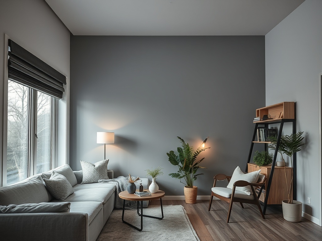 Современный домашний интерьер: уютный диван, растения, книга-стойка и мягкое освещение в гостиной.