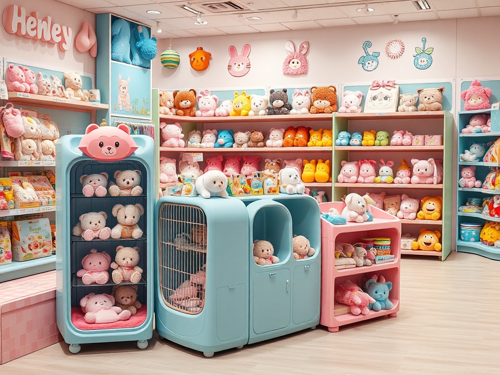 Магазин с яркими мягкими игрушками, полками с плюшевыми мишками и милыми аксессуарами.