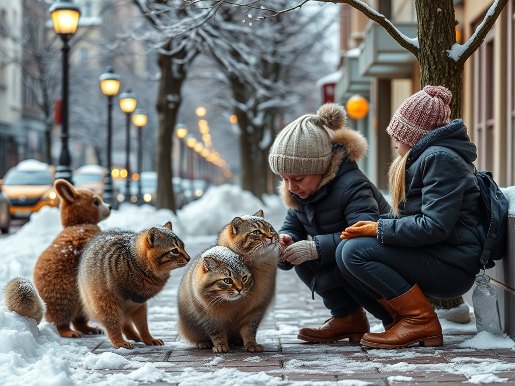 На зимней улице две девочки кормят пушистых животных, рядом стоят снежные деревья и фонари.