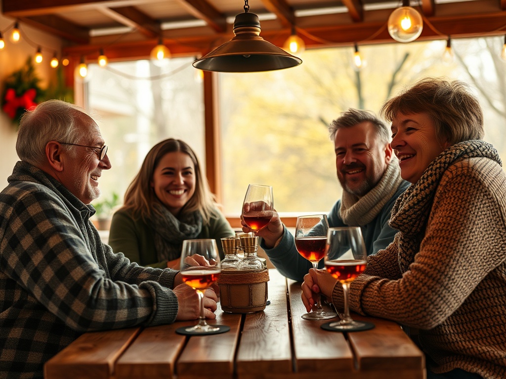 Четыре человека сидят за столом, поднимая бокалы с напитками и наслаждаясь приятным общением в уютной обстановке.